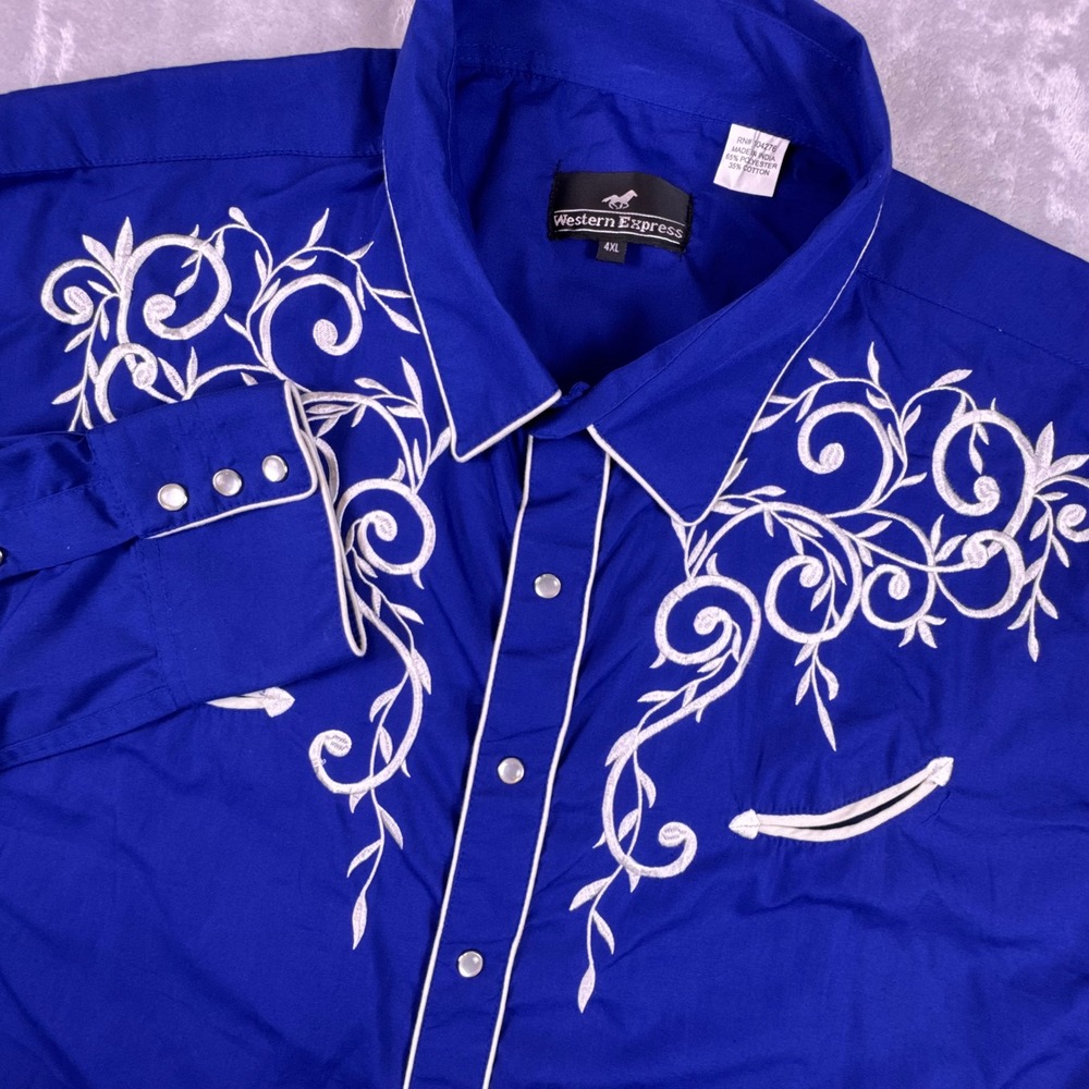 Western Express Embroidered Pearl Snap Western Shirt Mens 4XL Royal Blue Floral